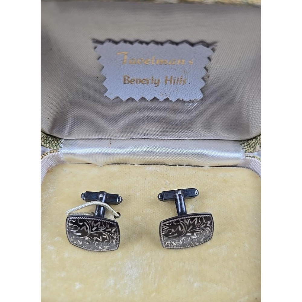Vintage Tavelman's Beverly Hills Silver Etched Floral Scroll Cufflinks with Box